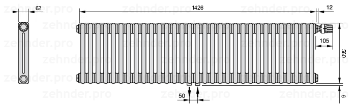 Схема (чертеж) Радиатор Zehnder Charleston 2056/31 №V008 Белый глянцевый RAL 9016